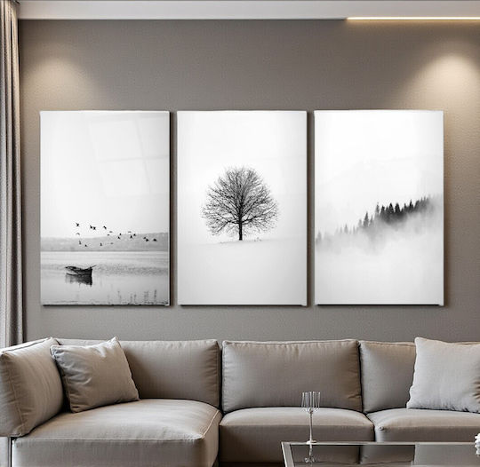 Threefold Glass Set of Black and White Landscape Paintings (35x50cm)