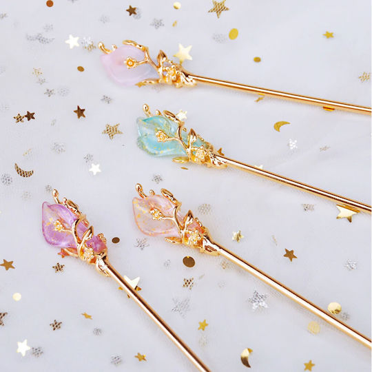 Chop Stick Hair Pin Gold Flower Turquoise Rachel