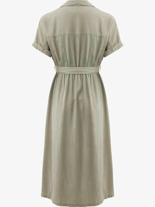 Summer Midi Shirt Dress Short Sleeve Green