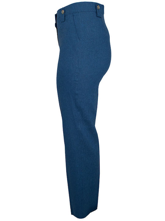 Women's High Rise Linen Trousers in Slim Fit Blue