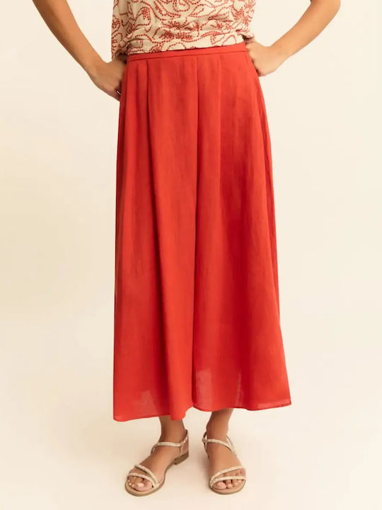 Linen Pleated Midi Skirt Red