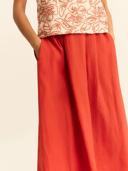Linen Pleated Midi Skirt Red