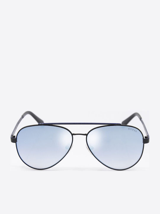 Guess Men's Sunglasses with Black Metal Frame and Light Blue Mirror Lens