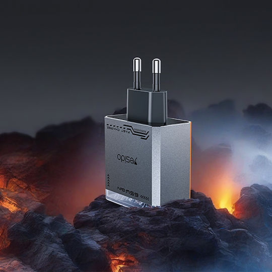 Yesido Charger Without Cable GaN with USB-A Port and 2 USB-C Ports 65W Black (YC101)