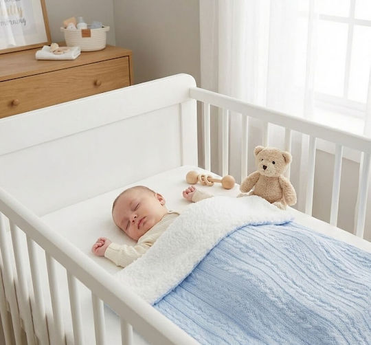 Soft Touch Knitted Nursery Swaddling Blanket White and Blue 75x90cm