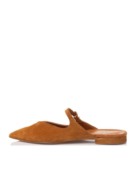 Flat Leather Mules in Tabac Brown Colour