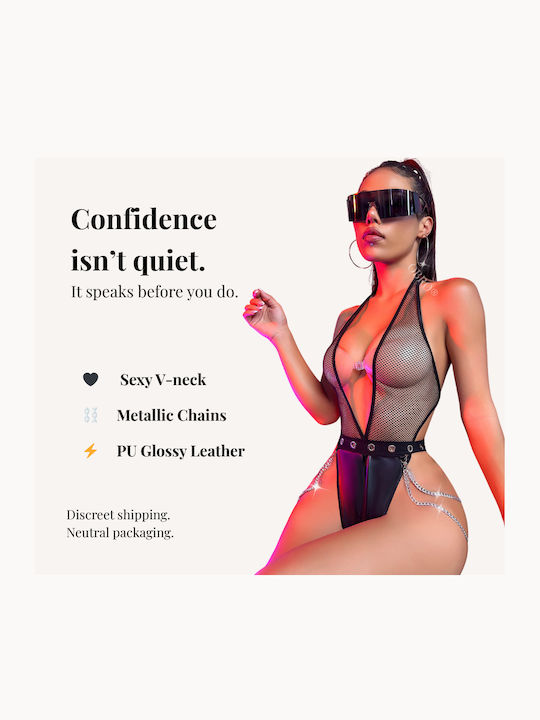 Body Sexy Negru Pentru Femei Din Plasă Piele Ecologică Obro Decolteu Adânc Lanțuri Metalice