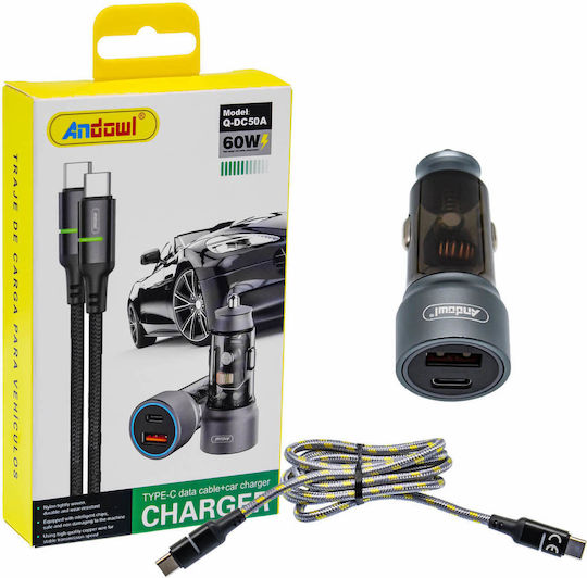 Andowl Q-DC50A Car Charger 60W with Ports 1xUSB 1xType-C including Type-C Cable Gray Color