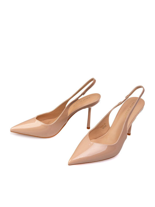 Pointed Toe Heels in Patent Leather with High Heel Beige