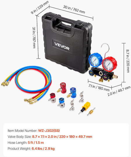 Vevor Σετ Μανόμετρων Κλιματιστικών R134a R404a R1234yf R22 3 Δρόμους Σωλήνες 1.5μ Αντάπτορες Γρήγορα Ζεύγη & Βάνες Συντήρηση Αυτοκινήτου Jxlmb3tldstxramfl001v0