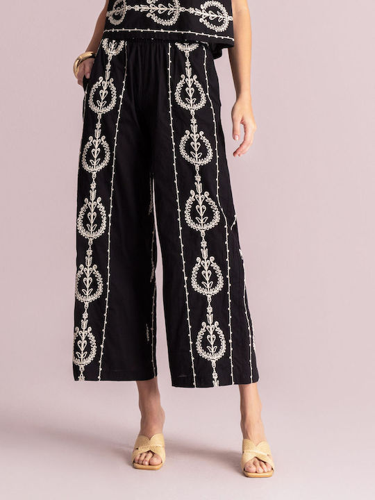 Pantaloni Largi Dama cu Elastic în Croială Lejeră Negru