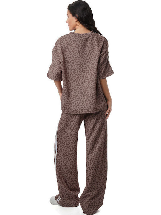 Braunes Set Damenhosen Bluse Animal Print Streifen