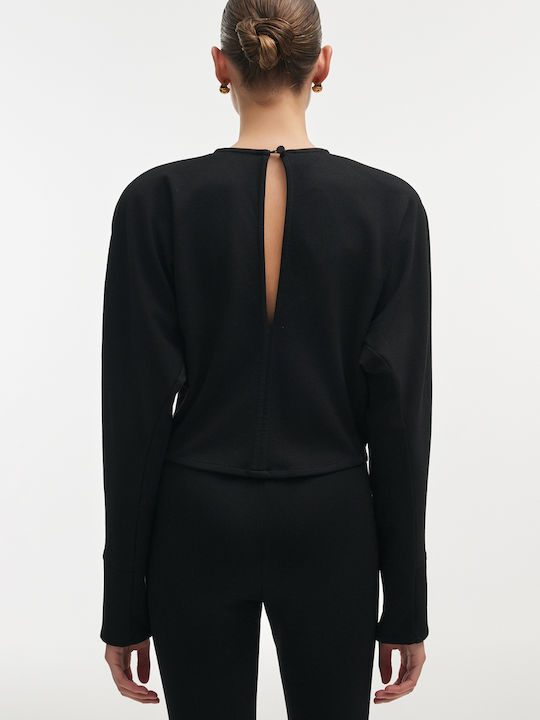 Women's Leather Long Sleeve Crop Top Black