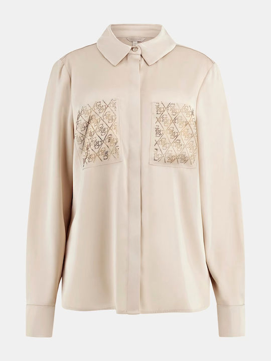 Long Sleeve Women's Satin Shirt Ecru