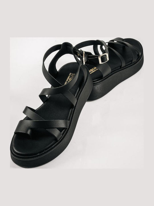 Δερμάτινα Γυναικεία Σανδάλια Flatforms Μαύρα