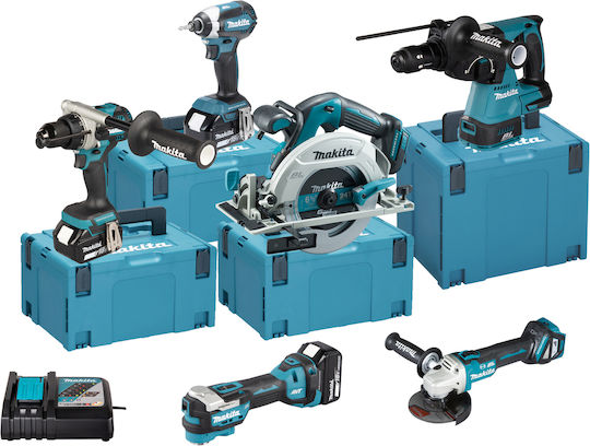 Makita DLX6139JX1 Σετ Γωνιακός Τροχός, Δισκοπρίονο, Κρουστικό Δραπανοκατσάβιδο, Παλμικό Κατσαβίδι, Πιστολέτο & Πολυεργαλείο Brushless 18V με 3 Μπαταρίες 5Ah και Θήκη