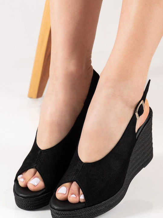 Peep Toe Suede Μαύρες Πλατφόρμες Ρυθμιζόμενο Λουράκι Στο Πίσω Μέρος Peep Toe Suede Μαύρες Πλατφόρμες Ρυθμιζόμενο Λουράκι Στο Πίσω Μέρος