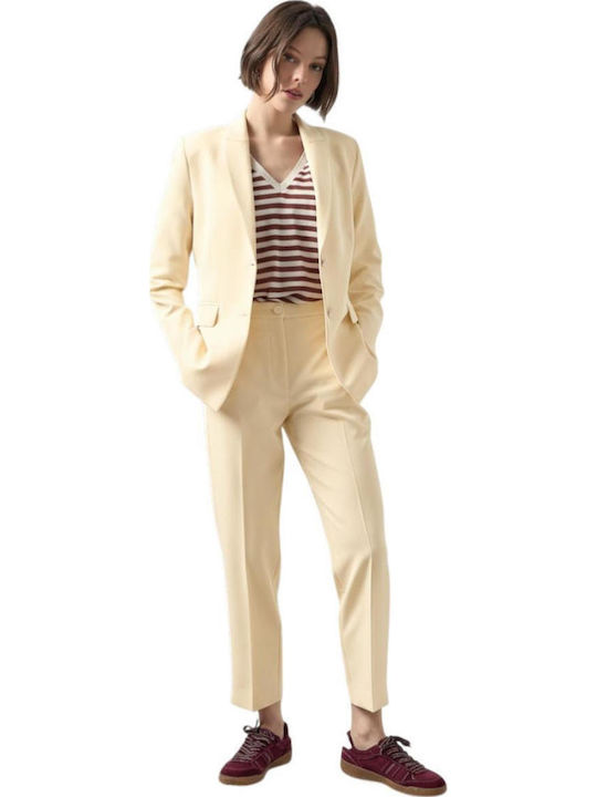 Women's High Rise Crepe Trousers with Rubber Band Yellow