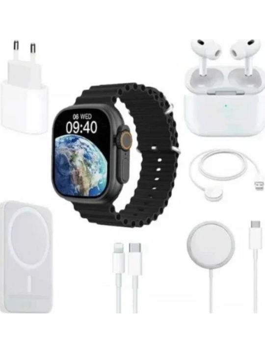 Πλήρες Σετ 8 1 Smartwatch 2″ Ασύρματα Ακουστικά Φορτιστή Καλώδια Εξωτερική Μπαταρία Χ8 Combo Λαμπάδα Στρογγυλή Μαύρη