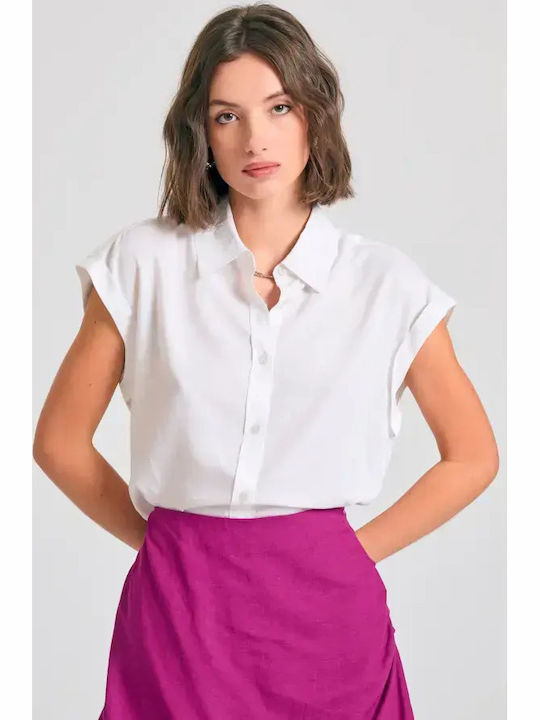 Short Sleeve Women's Denim Shirt White