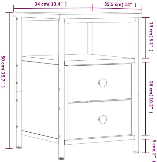 Wooden Bedside Table With Metal Legs Brown 34x35.5x50cm
