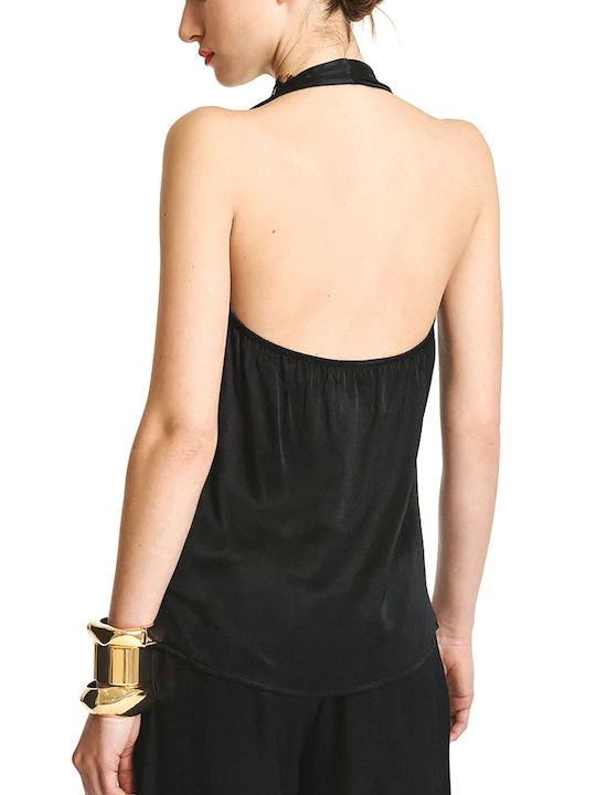 Access Damen Bluse Satin Ärmellos mit Bindeband am Ausschnitt Schwarz