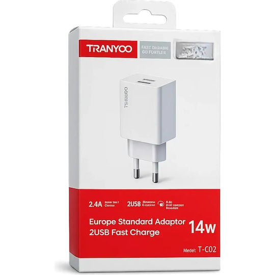 Tranyoo Φορτιστής Χωρίς Καλώδιο με 2 Θύρες USB-A 14W Λευκός (T-C02)