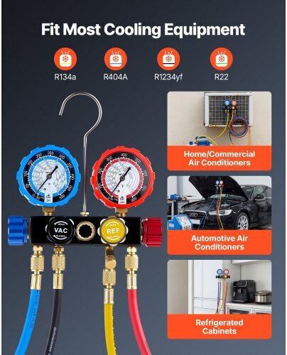 Ac Multiple Inlet Gauge Set Vevor Refrigerant R134a R404a R1234yf R22 Ac 4 Way Gauge Hoses 1.5 M Adapters Quick Couplers Valves Car Air Conditioner Maintenance Charging Evacuation
