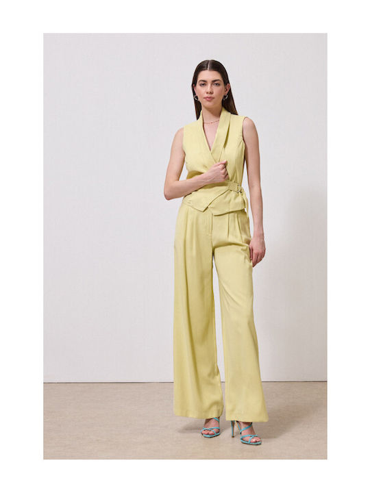 Pantaloni Dama Largi High Rise Galbeni Lemon