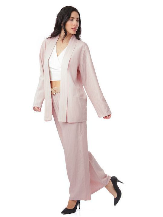 Pink Striped Set Trousers Jacket