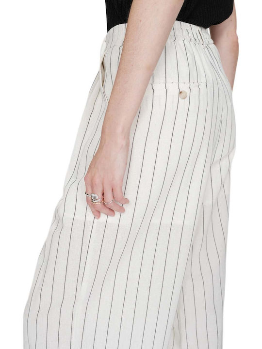 Damen Leinenhose mit Gummiband in Gerader Bein Stil Gestreift Weiß