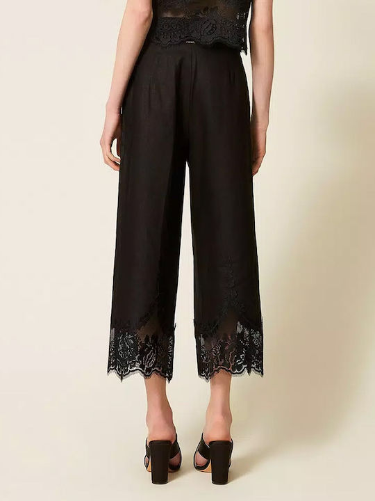 Women's High Waist Linen Capri Pants in Straight Leg Style Black