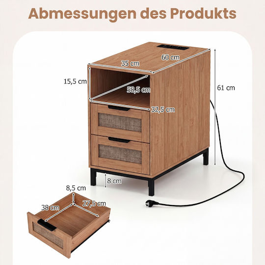 Wooden Bedside Table with Metal Legs Beige 61x60x35cm