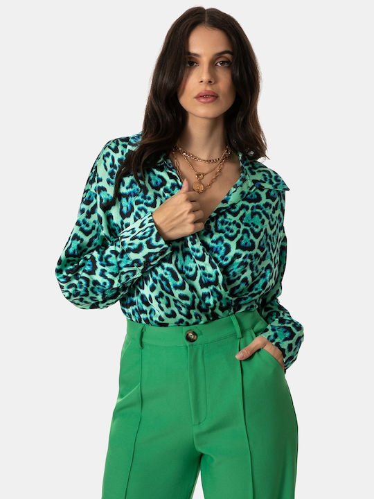 Long Sleeve Women's Satin Shirt Green