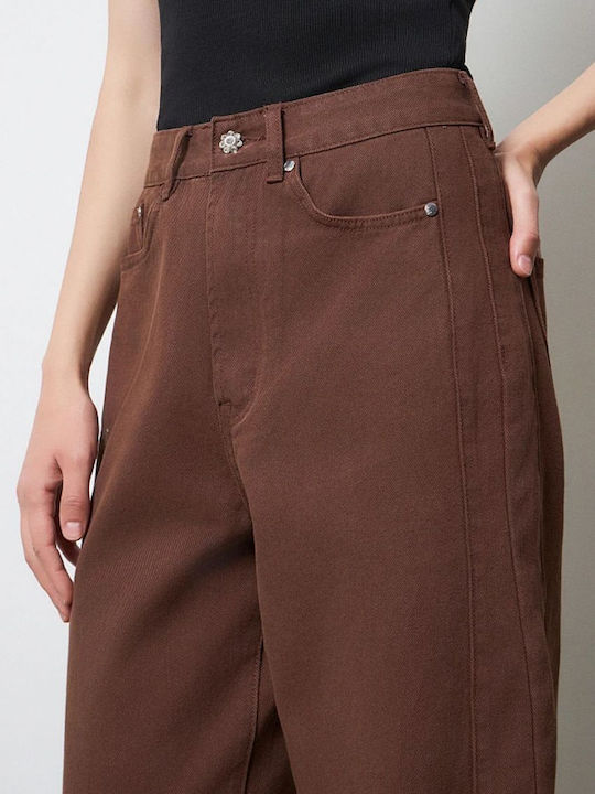 Tania High Rise Women's Jean Pants in Balloon Leg Style Brown