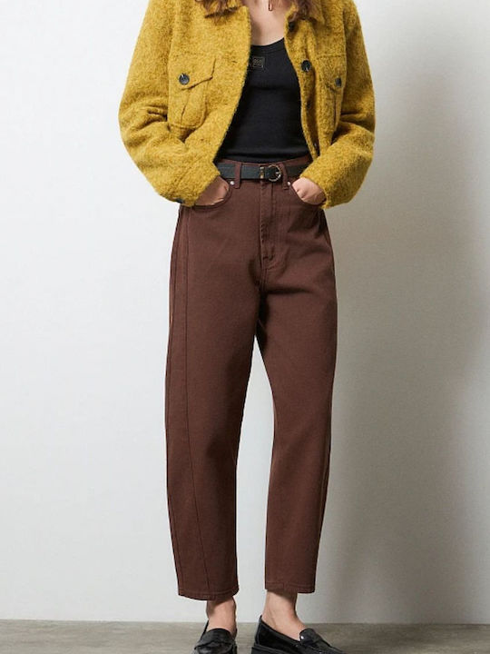 Tania High Rise Women's Jean Pants in Balloon Leg Style Brown