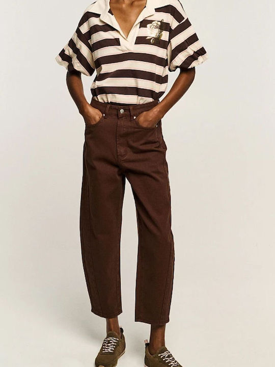 Tania High Rise Women's Jean Pants in Balloon Leg Style Brown