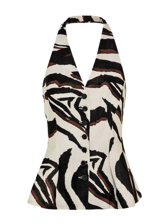 Women's Sleeveless Blouse with V-Neckline Animal Print Brown-Black