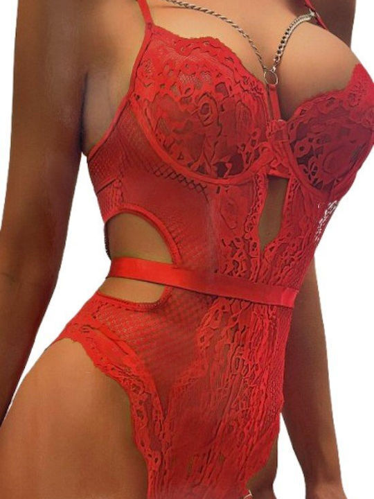 Εντυπωσιακό Κόκκινο Lace Bodysuit Chain Detail Κοκκινο
