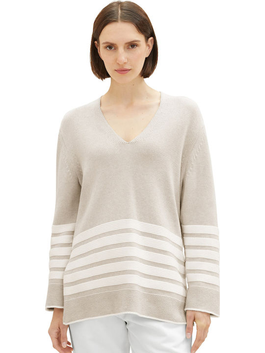 Women's Long Sleeve Sweater Cotton with V Neckline Striped Beige
