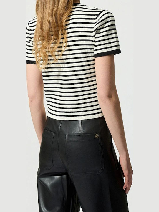 Damen Kurzärmeliges Gestreiftes Top Weiß-Schwarz