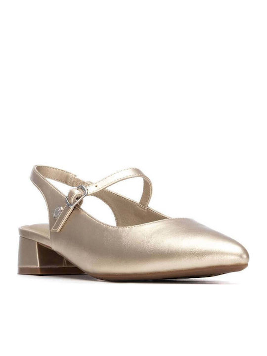 Lackleder Pumps mit Riemen & Niedrigem Absatz Gold