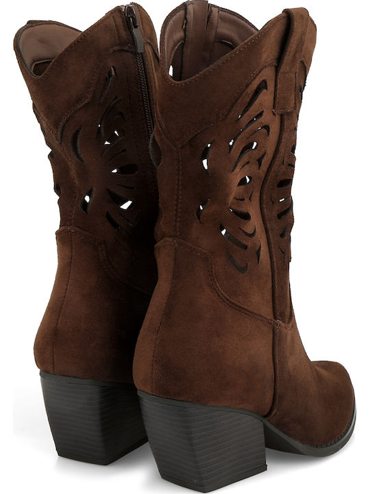 Suede Women's Ankle Boots Cowboy with Mid Heel Brown
