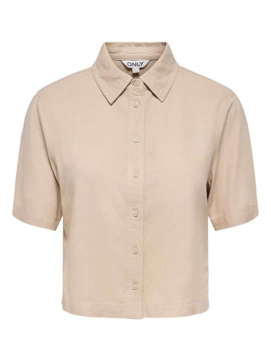 Kurzärmeliges Damenleinen-Hemd Beige