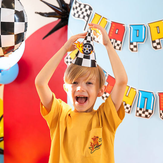 Checkered Black and White Party Hats Race Cars 6 Pieces