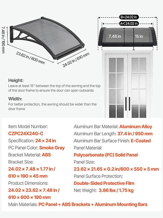 Vevor Polycarbonate Door / Window Canopy Roof P24xW24cm