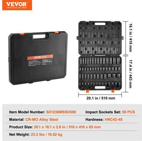 Vevor Καρυδάκια Εξάγωνα με Καρέ Υποδοχής 3/8", 1/2" Σετ 59τμχ