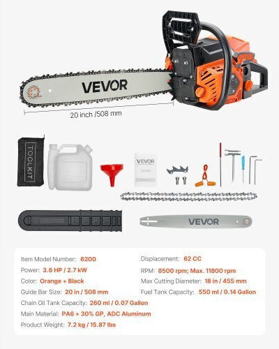 Vevor Gasoline Chainsaw 8.2kg with Blade 50.8cm and Easy Start