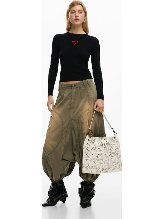 Leather Women's Drawstring Bag White / Black