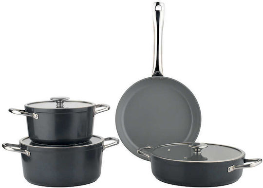 Set De Oale Și Tigaie Antiaderente Cu Capace Din Sticlă Negru 24cm